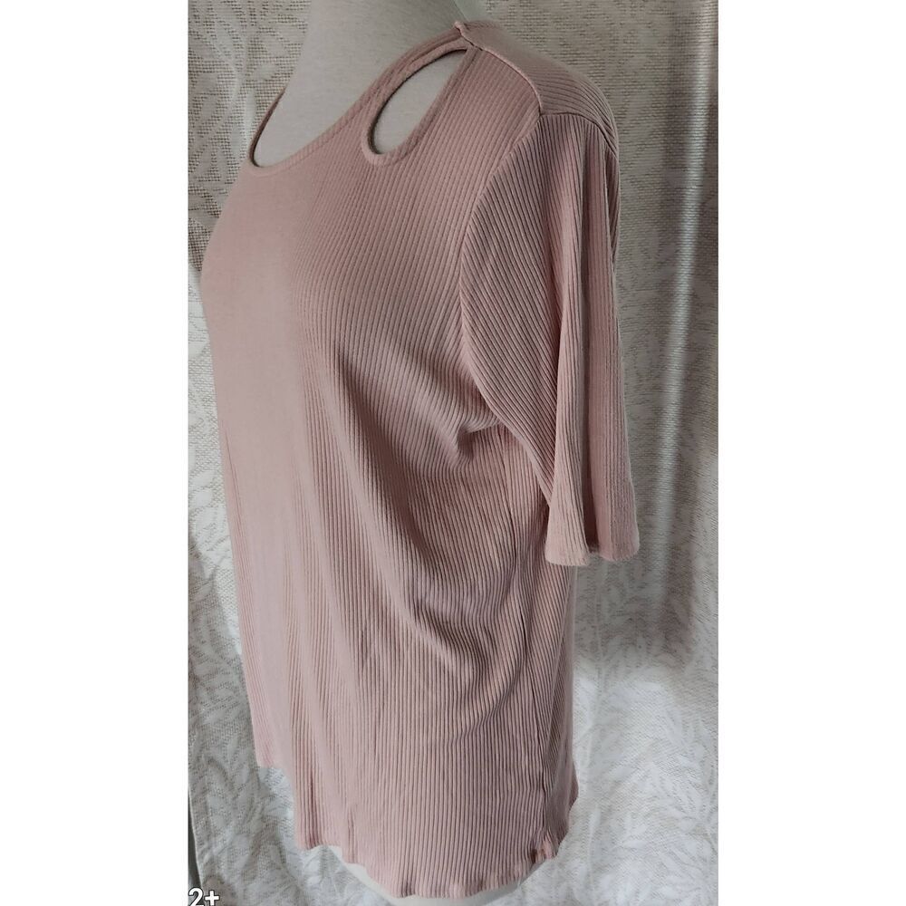 T69 Worthington ribbed knit pink top elbow length sleeve cut out shoulder Sz XXL